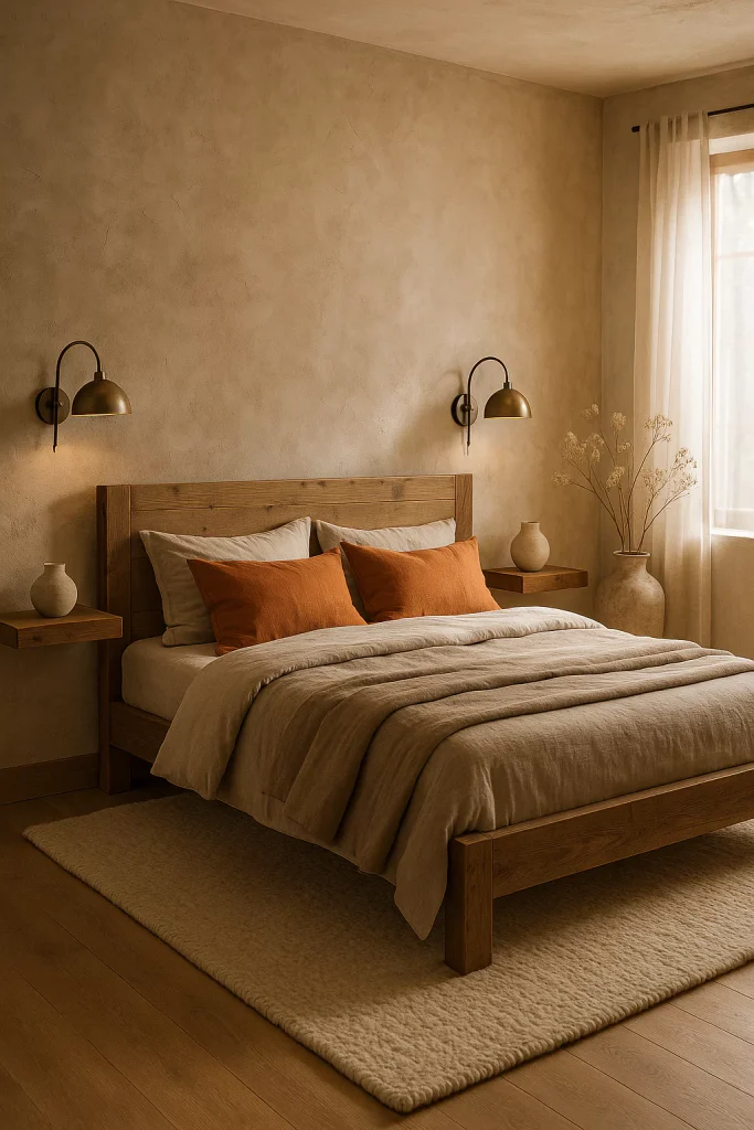 Modern rustic bedroom with plaster wall, linen bedding, wood accents, and warm earthy decor.