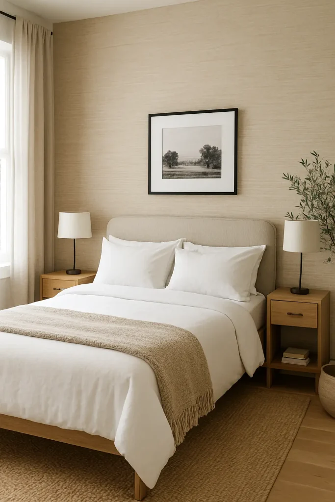 Rustic bedroom with textured wallpaper, upholstered bed, neutral decor, and soft natural lighting.