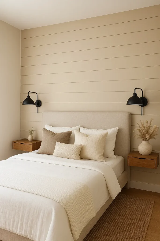 Bedroom with beige-painted shiplap, linen bedding, and modern farmhouse decor in soft neutral tones.