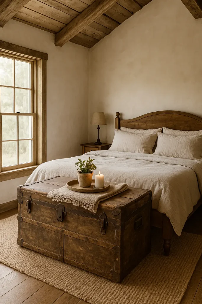 Farmhouse bedroom with a vintage wooden trunk at the foot of the bed for storage and rustic charm.