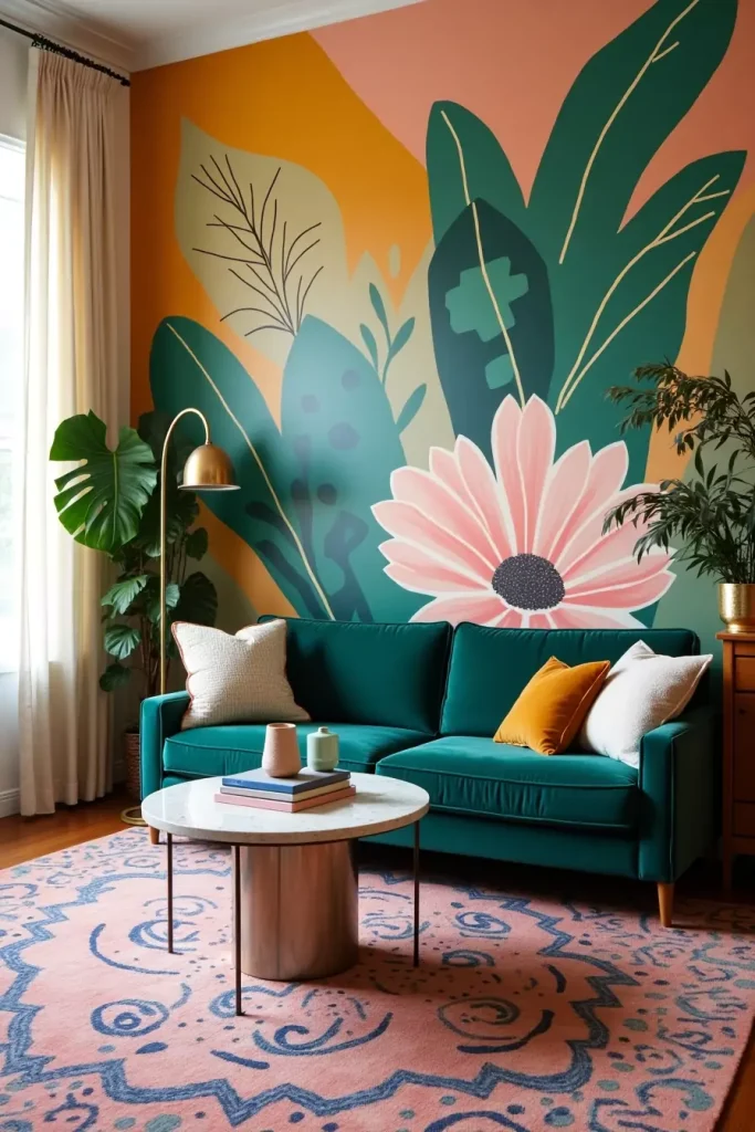 Colorful mural wall with velvet sofa, abstract art, indoor plants, and patterned rug in bright living room.