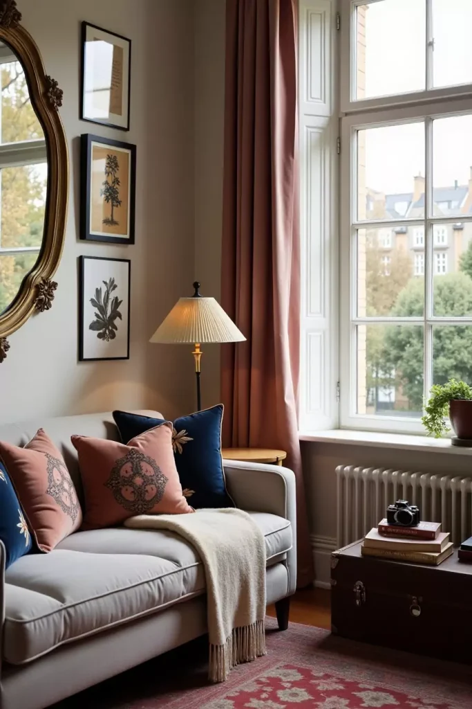 Vintage-modern apartment with antique mirror, ornate lighting, cozy textiles, and retro-inspired charm.