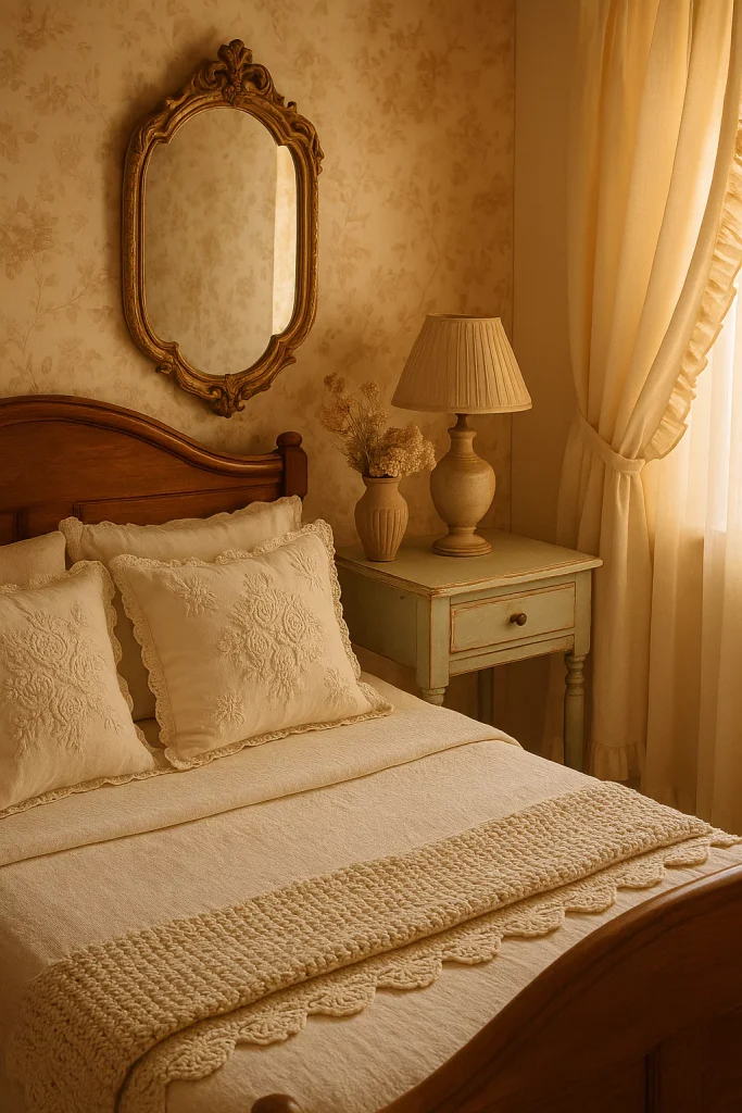 Vintage bedroom with ornate mirror, distressed nightstand, and embroidered pillows for nostalgic charm.

