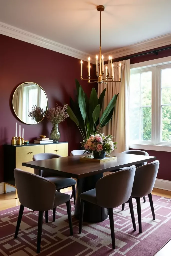 Modern dining room with a burgundy accent wall, gold decor, velvet chairs, and warm ambient lighting.