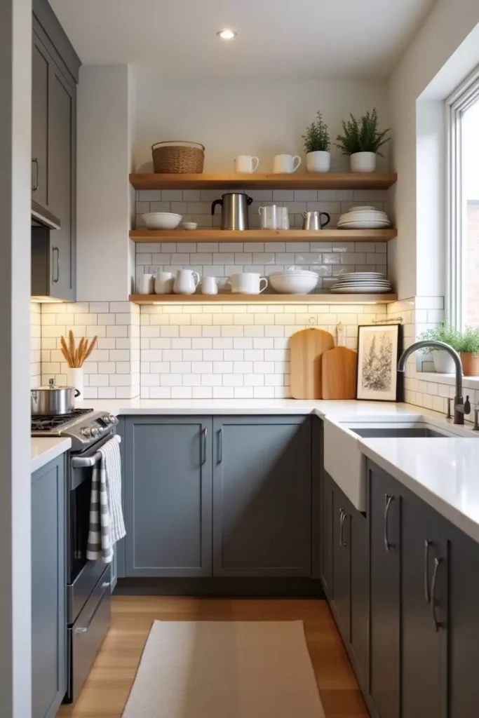 Modern kitchen with faux subway tile backsplash, open shelves, and warm natural lighting