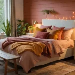 Rustic fall bedroom with cozy bedding, warm lighting, plants, and greenery visible through window