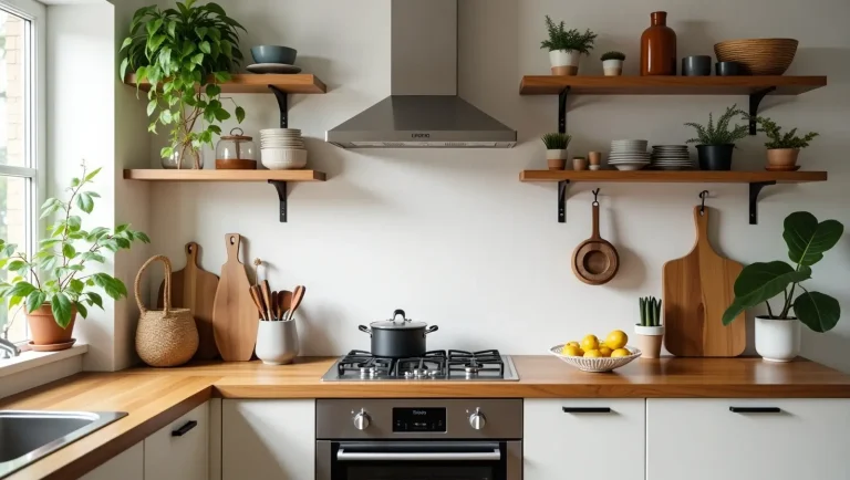 Budget-friendly family kitchen remodel on a budget with natural textures, DIY updates, clever storage, and plants.