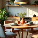 Vibrant round kitchen table and chairs with wooden finish, surrounded by soft lighting and green plants.