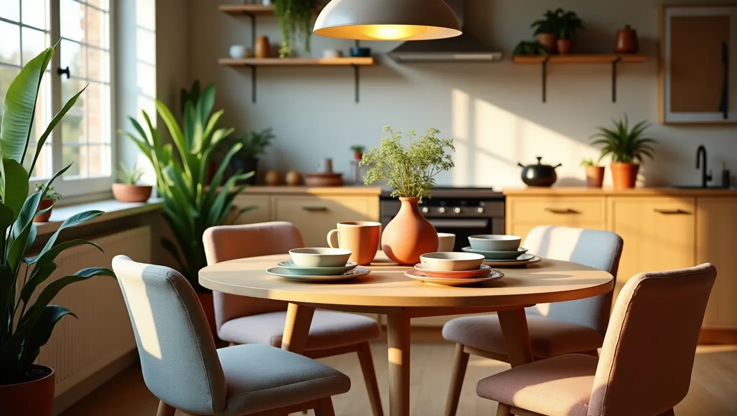 Vibrant round kitchen table and chairs with wooden finish, surrounded by soft lighting and green plants.