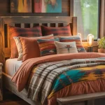 Colorful rustic western bedroom with vibrant bedding, wood bed, jute rug, and greenery outside window.