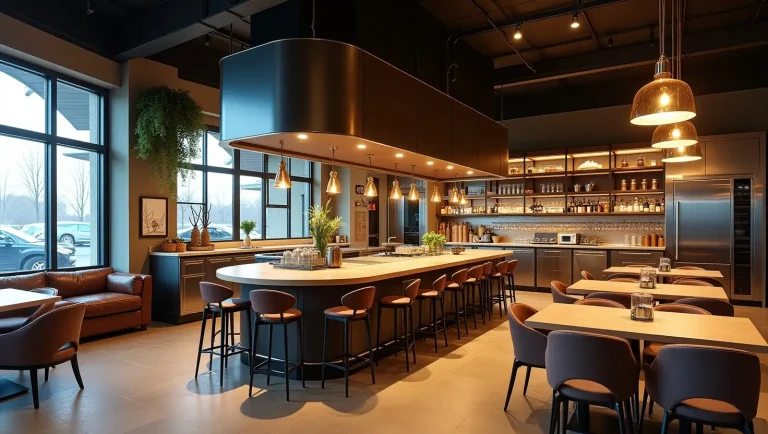 Open kitchen restaurant design with visible cooking stations, bar seating, and cozy, modern dining area.