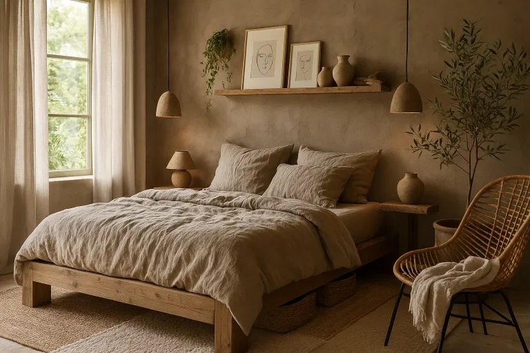 Cozy Wabi Sabi bedroom with earthy tones, linen bedding, clay lighting, and indoor greenery.