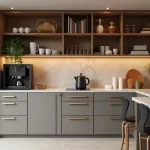 Built-in coffee bar ideas kitchen corner with modern cabinetry, cozy ambiance, and practical storage.
