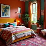 Eclectic cozy bedroom with bold colors, soft rugs, greenery outside window, and vibrant decor.