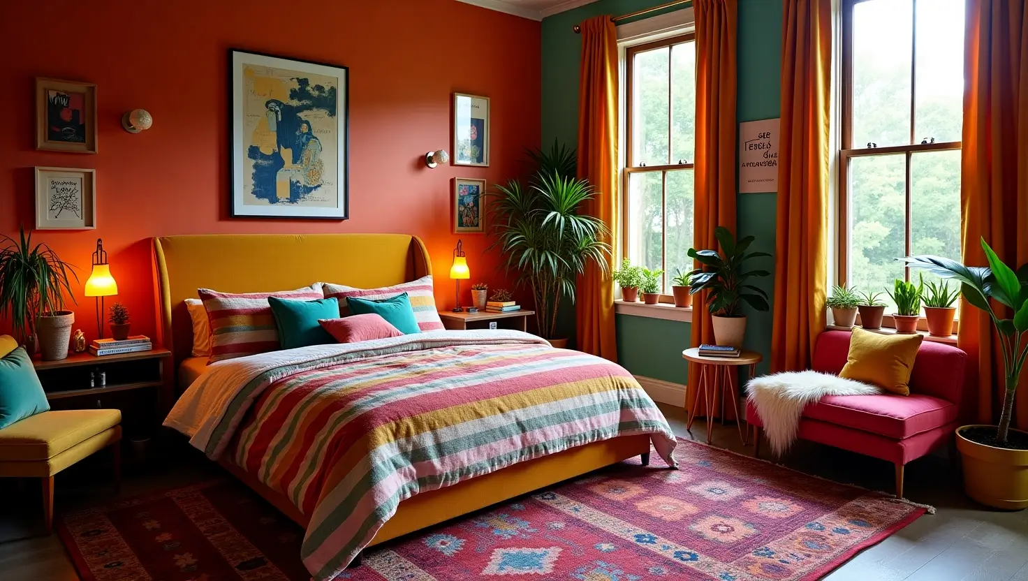 Eclectic cozy bedroom with bold colors, soft rugs, greenery outside window, and vibrant decor.