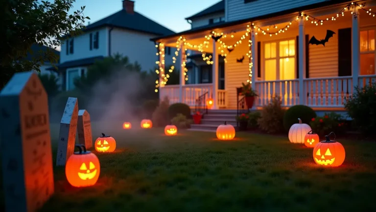 DIY Halloween Decorations Outdoor with glowing pumpkins, fog, tombstones, cobwebs, and ghosts
