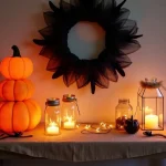 DIY Halloween Decorations with Dollar Tree foam pumpkins, spooky wreaths, lanterns, and ghosts