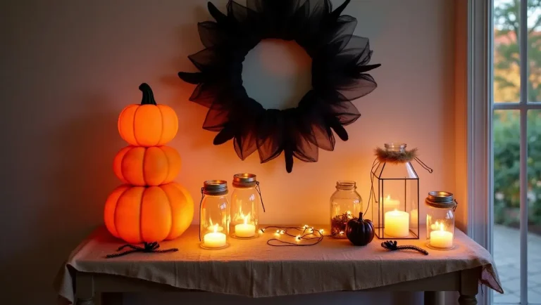 DIY Halloween Decorations with Dollar Tree foam pumpkins, spooky wreaths, lanterns, and ghosts