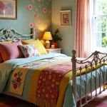 Colorful cottage bedroom with lush garden view, floral decor, pastel curtains, and layered cozy bedding.