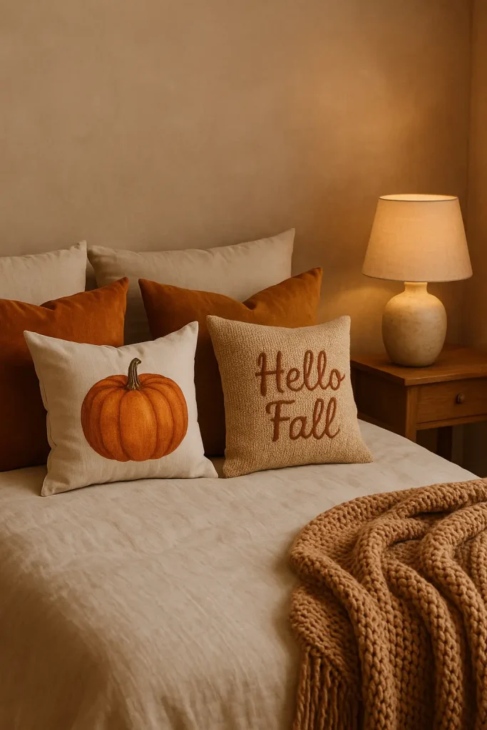 Cozy fall bed with velvet and wool throw pillows in autumn colors and festive seasonal designs.