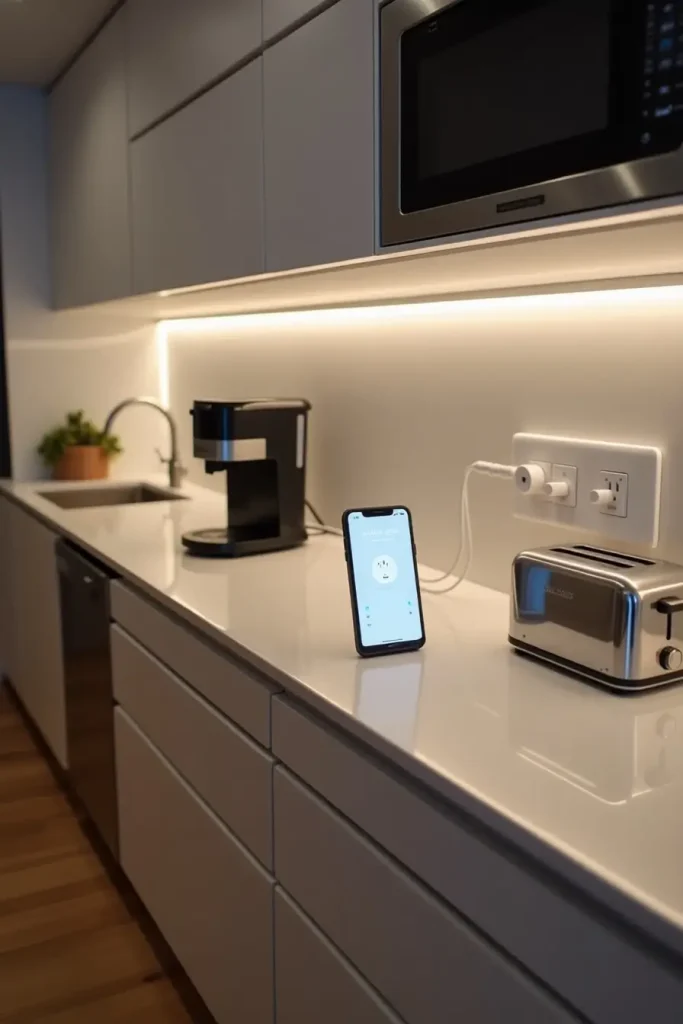 Modern kitchen with LED lighting and appliances controlled via smart plugs and smartphone app.