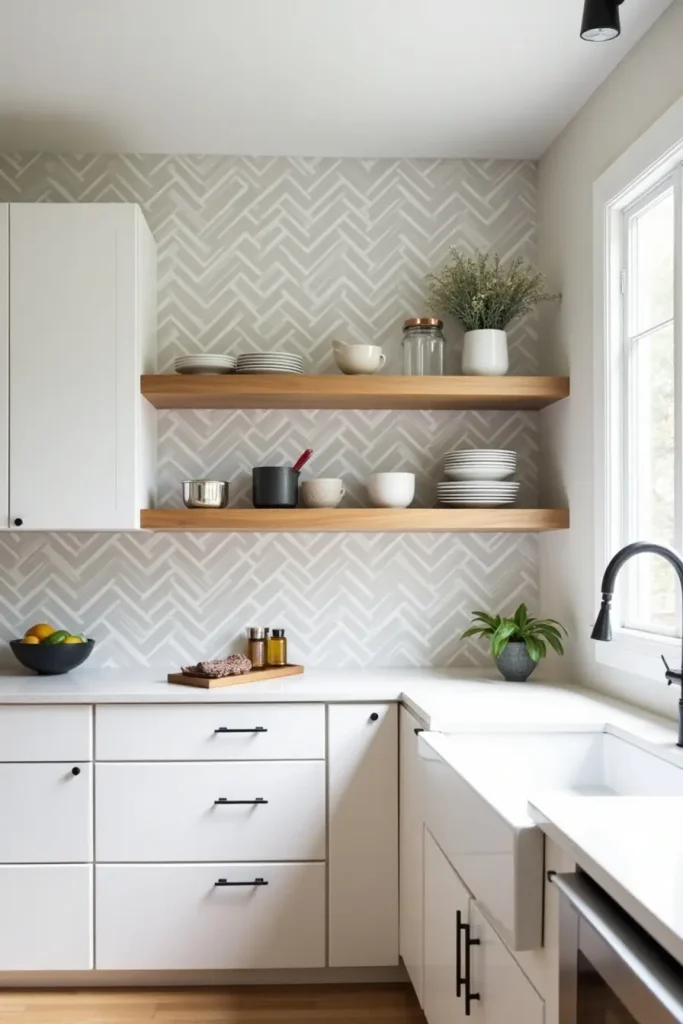 Modern kitchen with white cabinets and light gray herringbone peel-and-stick backsplash.