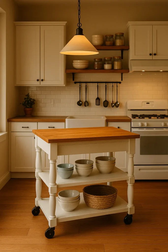 White kitchen with matching rolling island, butcher block top, storage shelves, and warm pendant lighting.