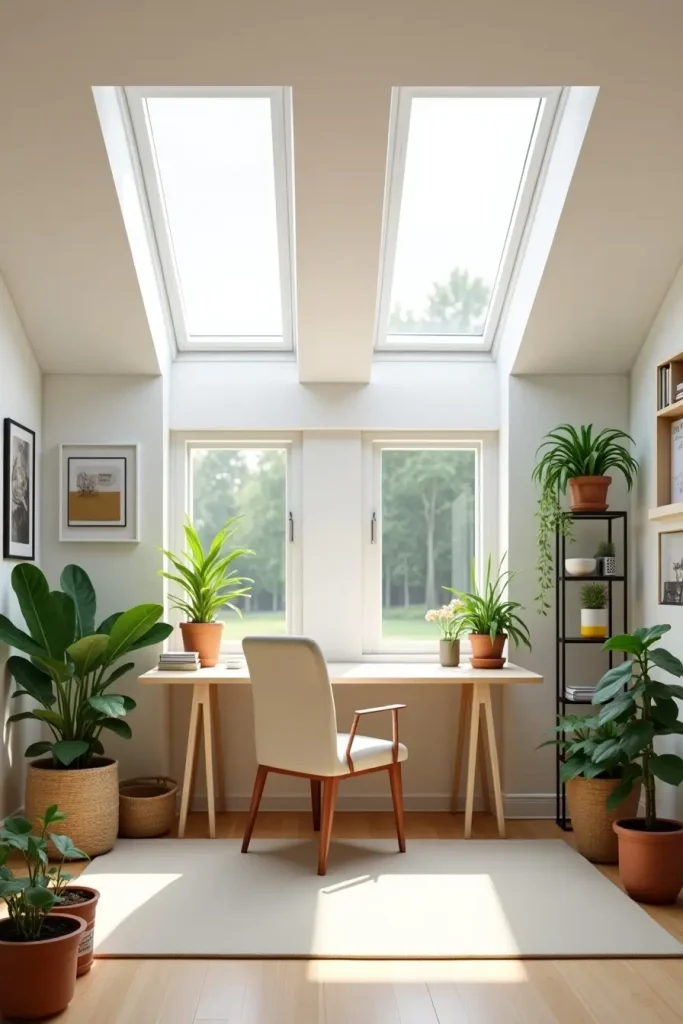 Airy studio with skylight, white walls, sleek desk, plants, and shelf creating a bright cheerful vibe.
