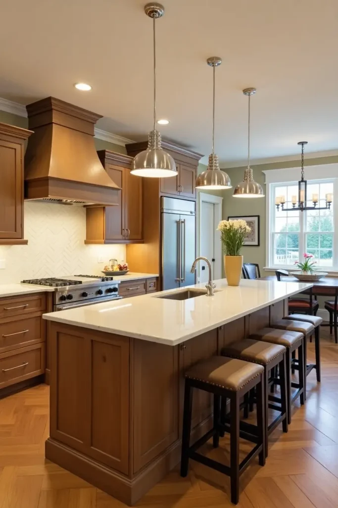 All-wood kitchen island with high breakfast bar extension, seating 6, paired with herringbone flooring.