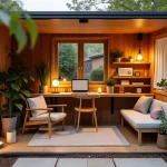Cozy backyard office studio with natural wood, greenery, comfortable furniture, and soft lighting.