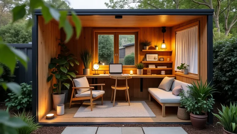 Cozy backyard office studio with natural wood, greenery, comfortable furniture, and soft lighting.