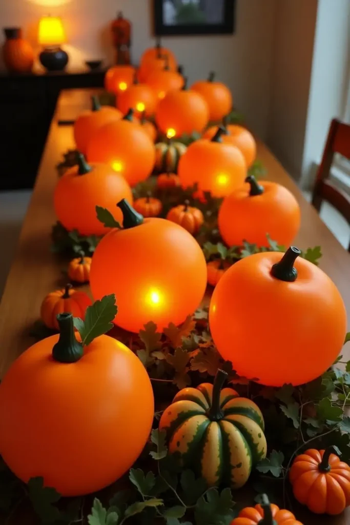 Orange balloon pumpkin patch centerpiece with mini pumpkins, leaves, and glowing LED lights.