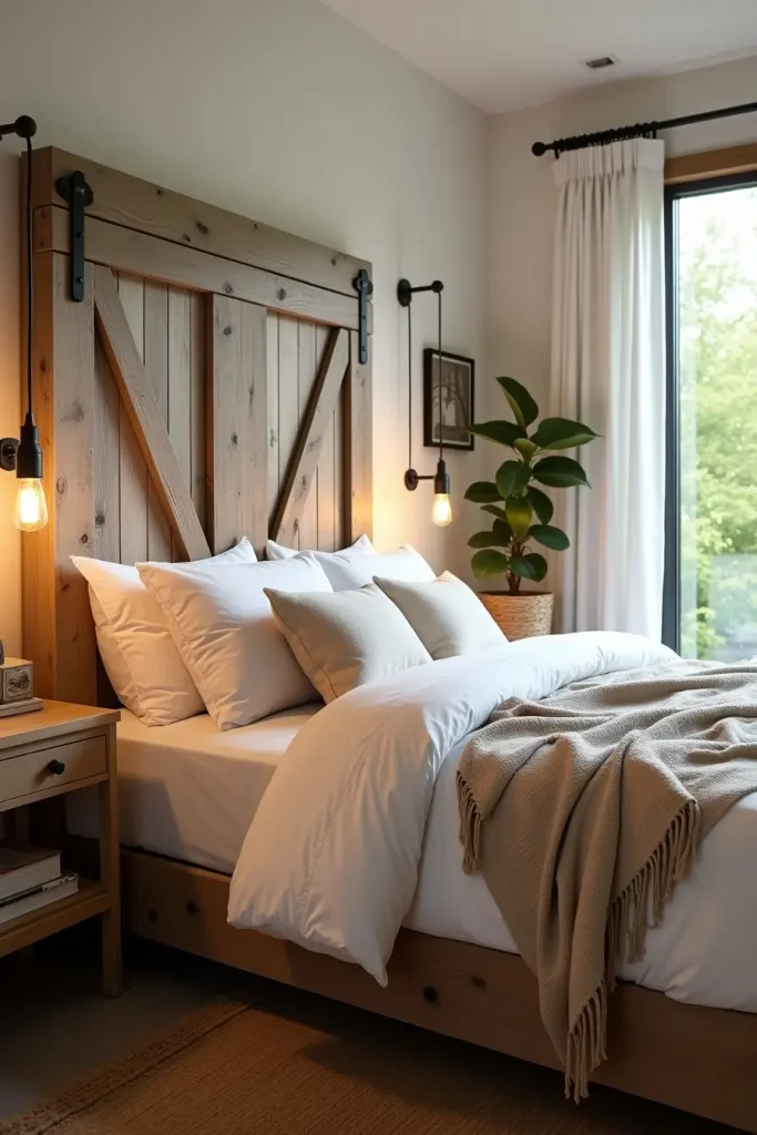 Western bedroom with reclaimed barn door headboard, simple bedding, jute rug, and greenery outside window.