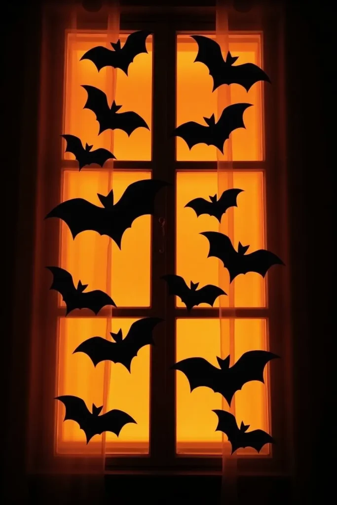 Glowing window with black bat silhouettes taped to glass, creating a spooky Halloween night display.