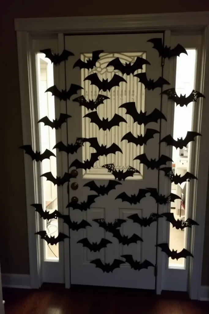 Front door with 3D black paper bats in a flying swarm, backlit for spooky Halloween effect.
