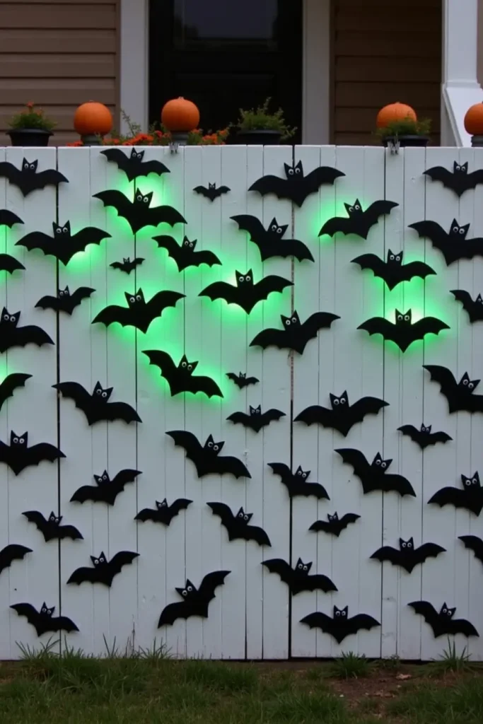 Foam bats swarm across a wall, some glowing with paint, creating a spooky Halloween display.