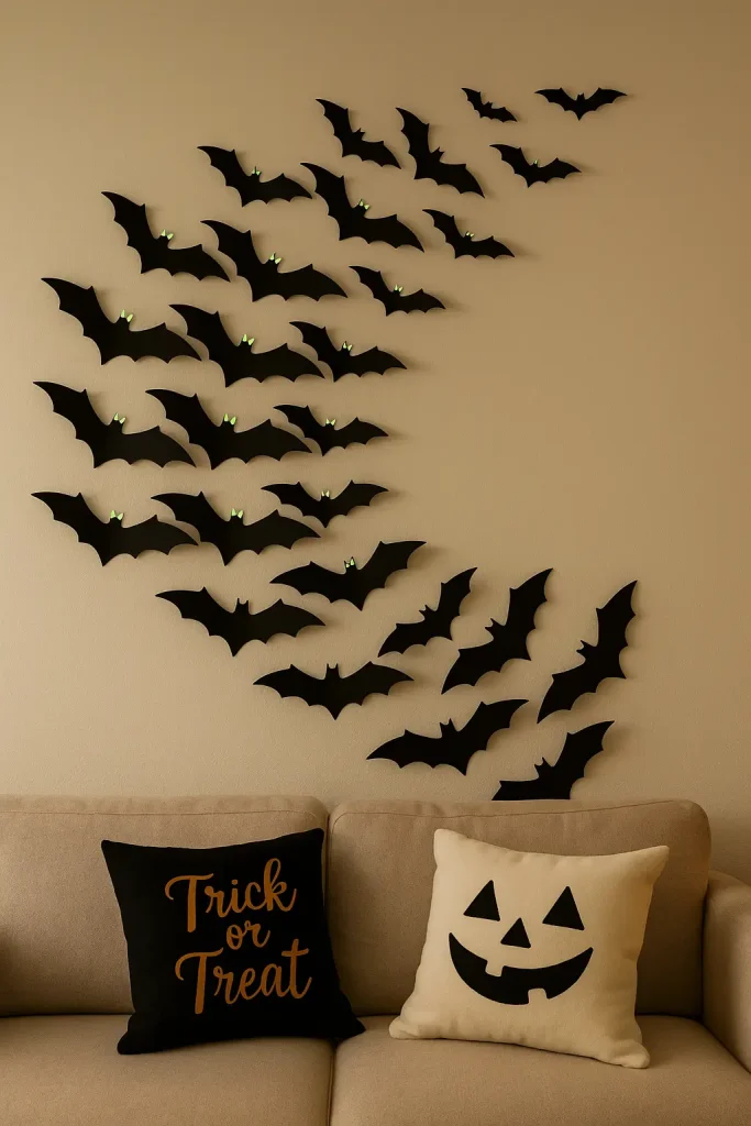 Swirling wall swarm of black cardstock bats with glow-in-the-dark accents for spooky apartment decor.