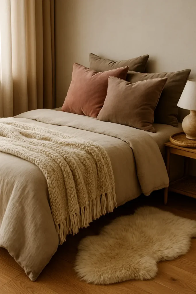 Cozy bedroom with velvet pillows, fur rug, linen bedding, and soft textures for a warm, calming feel.