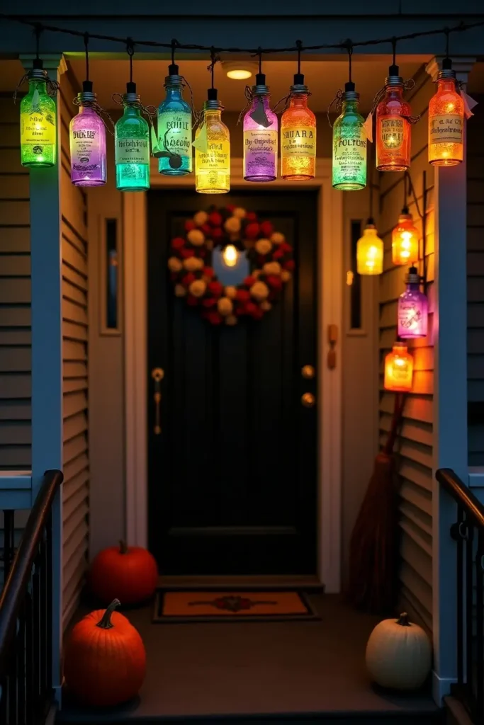 Hanging potion bottles with glowing colors and witchy labels decorate a magical Halloween porch.