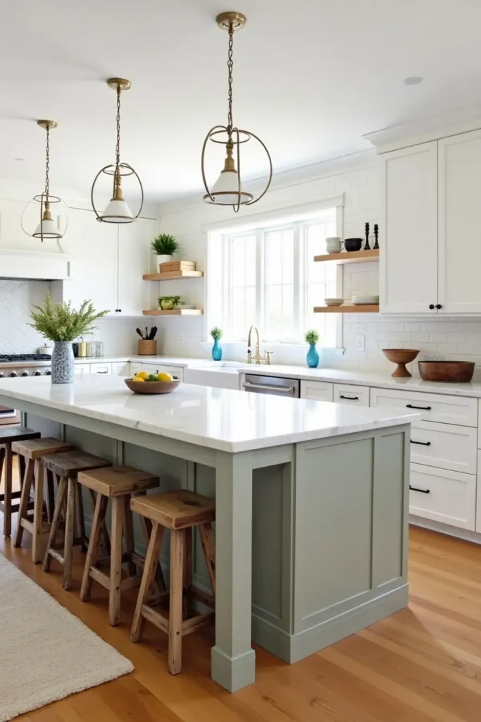 Big kitchen island with farmhouse sink, marble top, rustic stools, and drawers for a cozy, functional look.