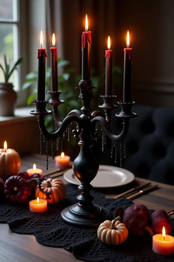 Black candelabra with red-dripped candles on lace runner for a gothic Halloween table.