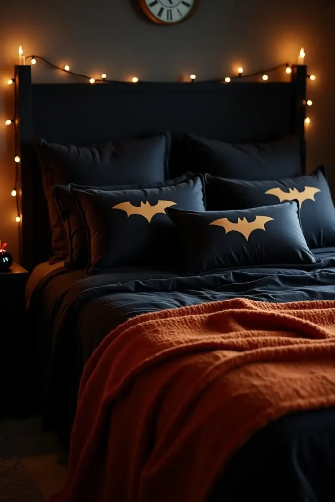 Bedroom with black velvet bedding, orange throw, and bat-pattern pillows for Halloween charm.