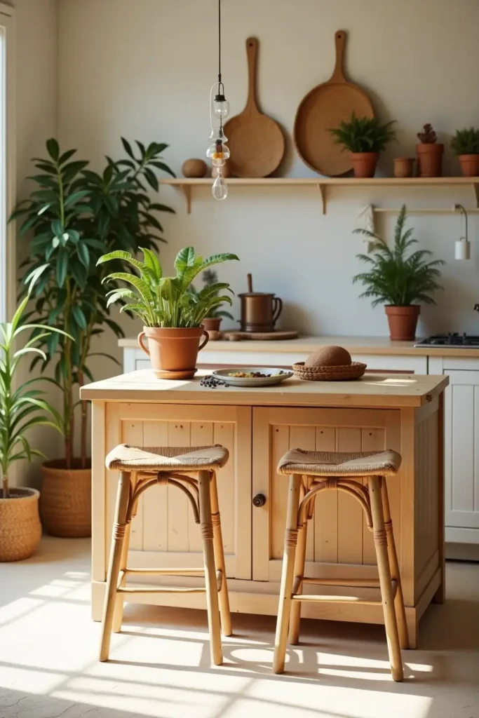 Boho bamboo kitchen island with folding table extension, rattan stools, and natural accents.