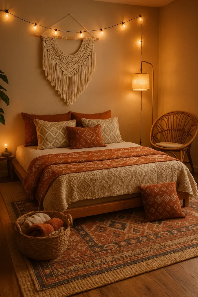 Boho bedroom with layered rugs, patterned throws, macramé wall art, and rattan chair in earthy tones.