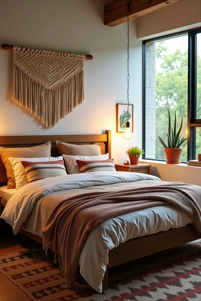 Boho-western bedroom with macramé, terracotta pots, Navajo rug, layered bedding, and greenery outside.