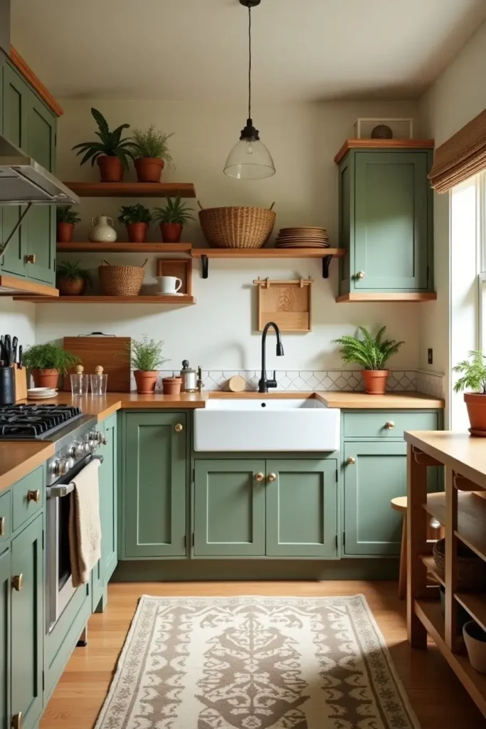 Boho kitchen with sage cabinets, pine and bamboo accents, woven baskets, herbs, and a neutral rug.