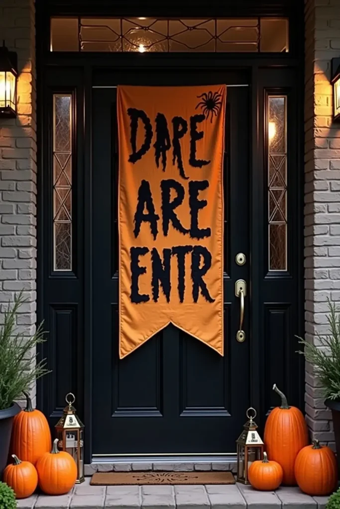 Halloween front door with a bold “Dare Enter” fabric banner, pumpkins, cobwebs, and lanterns.