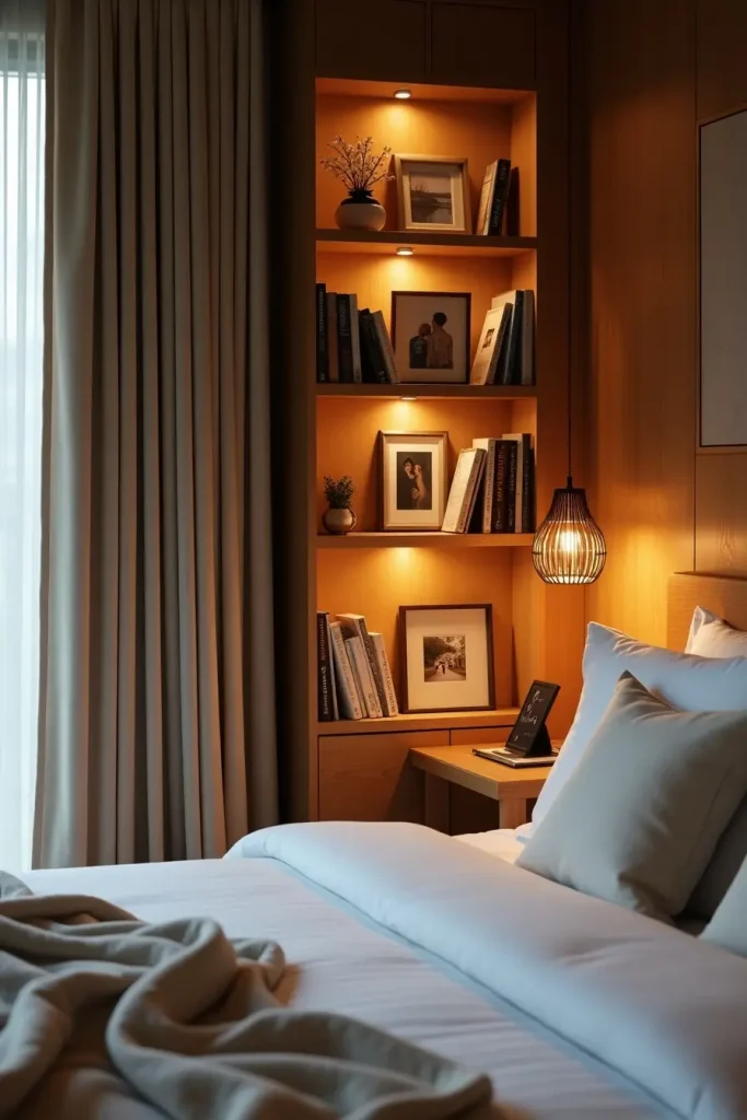 Wooden bookshelf with books and keepsakes in a cozy couple bedroom, adding warmth and shared memories