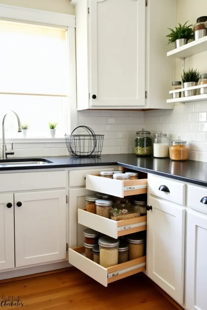 Organized kitchen with pull-out drawers, lazy Susan, and glass jars for pantry staples in warm light.