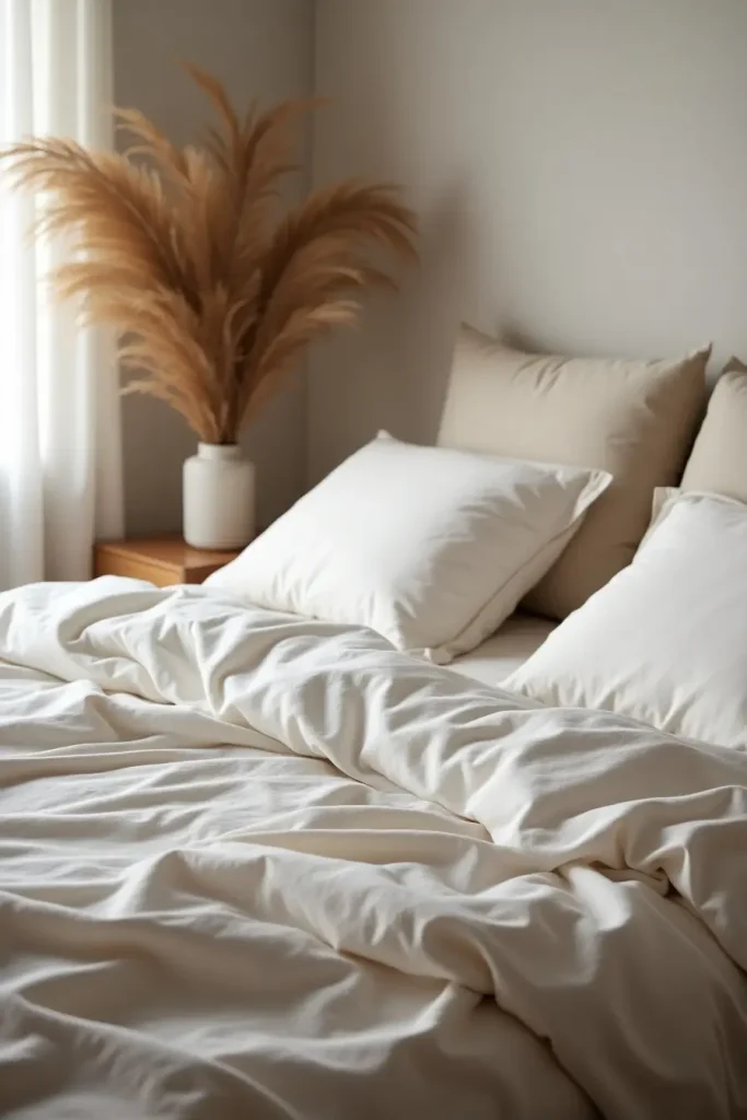 Neutral linen sheets with casual wrinkles in a cozy romantic bedroom, offering all-season comfort.